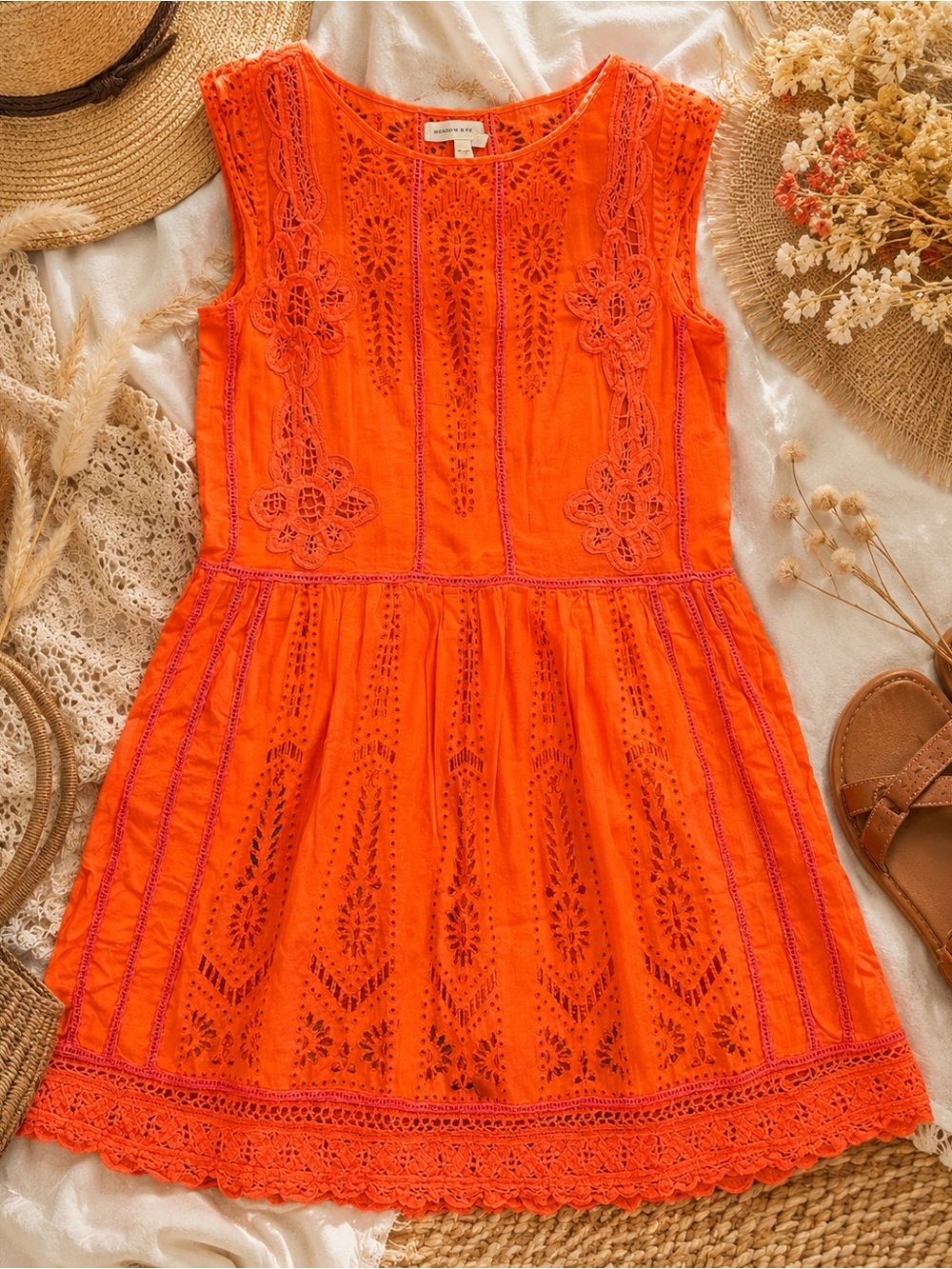 Meadow Rue Anthropologie Orange Eyelet Lace Mini Dress Size 0 Petite Cotton Boho